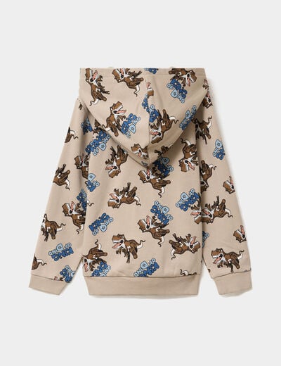 Sweat zipp&eacute; &agrave; capuche molleton imprim&eacute; beige gar&ccedil;on