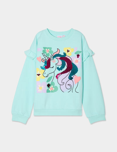Sweat sequins réversibles et volants bleu clair fille