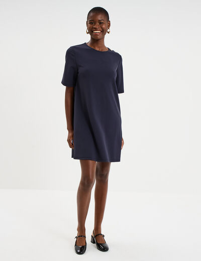 Robe droite cr&ecirc;pe manches courtes bleu fonc&eacute; femme