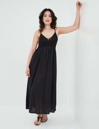 Robe longue évasée buste macramé noir femme
