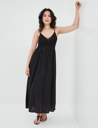 Robe longue évasée buste macramé noir femme