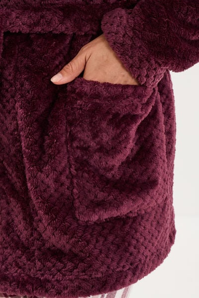 Peignoir mi-long effet polaire ceintur&eacute; prune femme