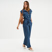 Combinaison pantalon ceintur&eacute;e bleu fonc&eacute; femme
