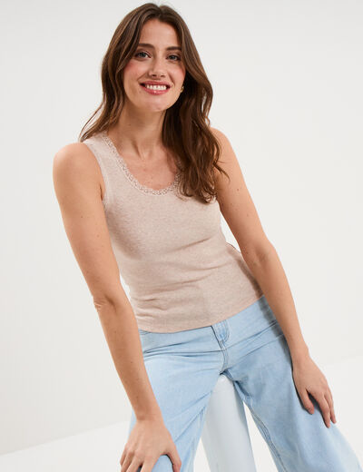 D&eacute;bardeur coton bords dentelle beige femme