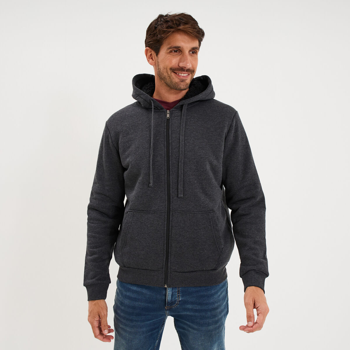 Sweat zipp&eacute; doublure effet sherpa gris fonc&eacute; homme