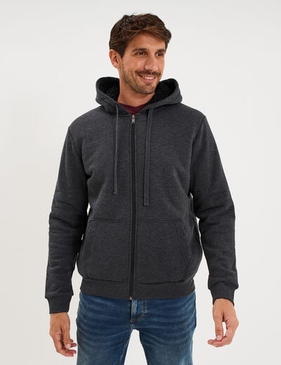 Sweat zipp&eacute; doublure effet sherpa gris fonc&eacute; homme