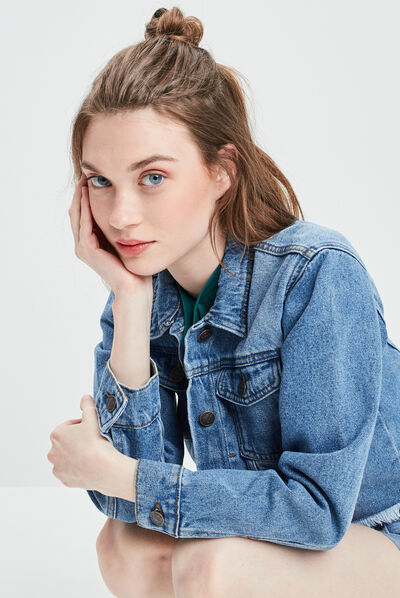 Veste droite en jean denim double stone femme