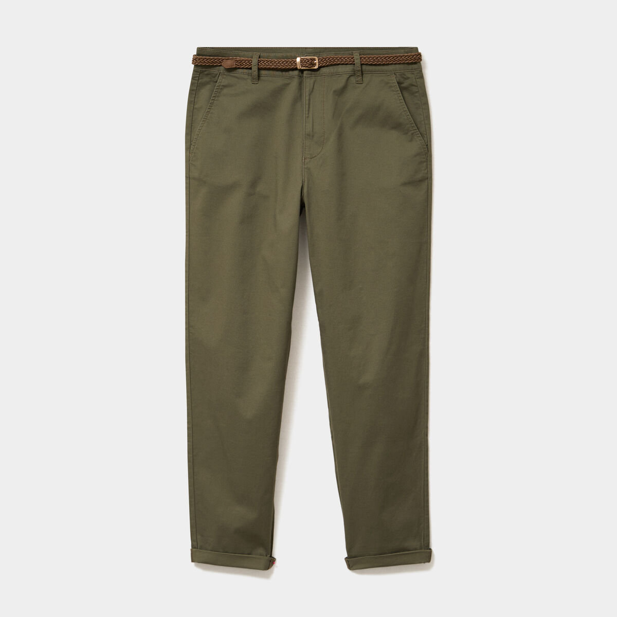 Pantalon chino regular ceinture tress&eacute;e vert kaki femme