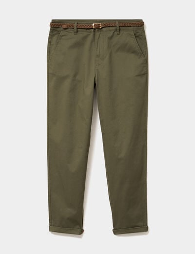 Pantalon chino regular ceinture tress&eacute;e vert kaki femme