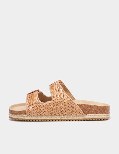 Mules plates tress&eacute;es avec boucles marron femme