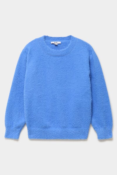 Pull mailles duveteuses manches longues bleu electrique fille