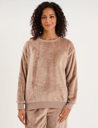 Haut de pyjama sweat polaire torsad&eacute; beige femme