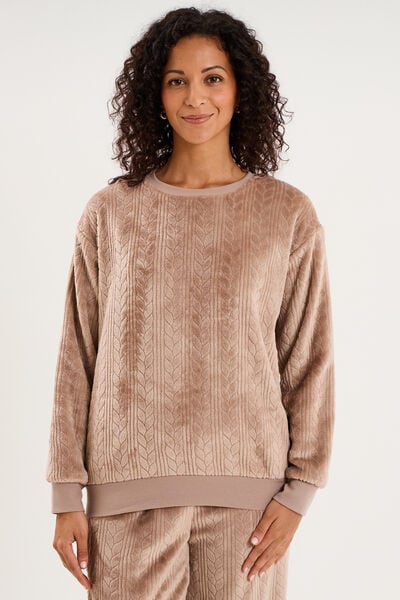 Haut de pyjama sweat polaire torsad&eacute; beige femme