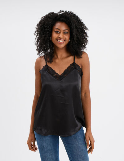 Caraco effet satin détails dentelle noir femme