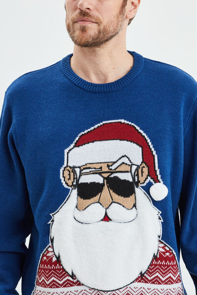 Pull Père-Noël col rond avec pompon bleu homme