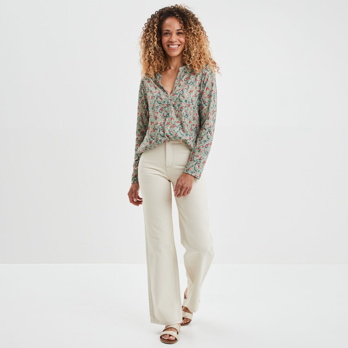 Jeans wide leg taille haute coton ecru femme