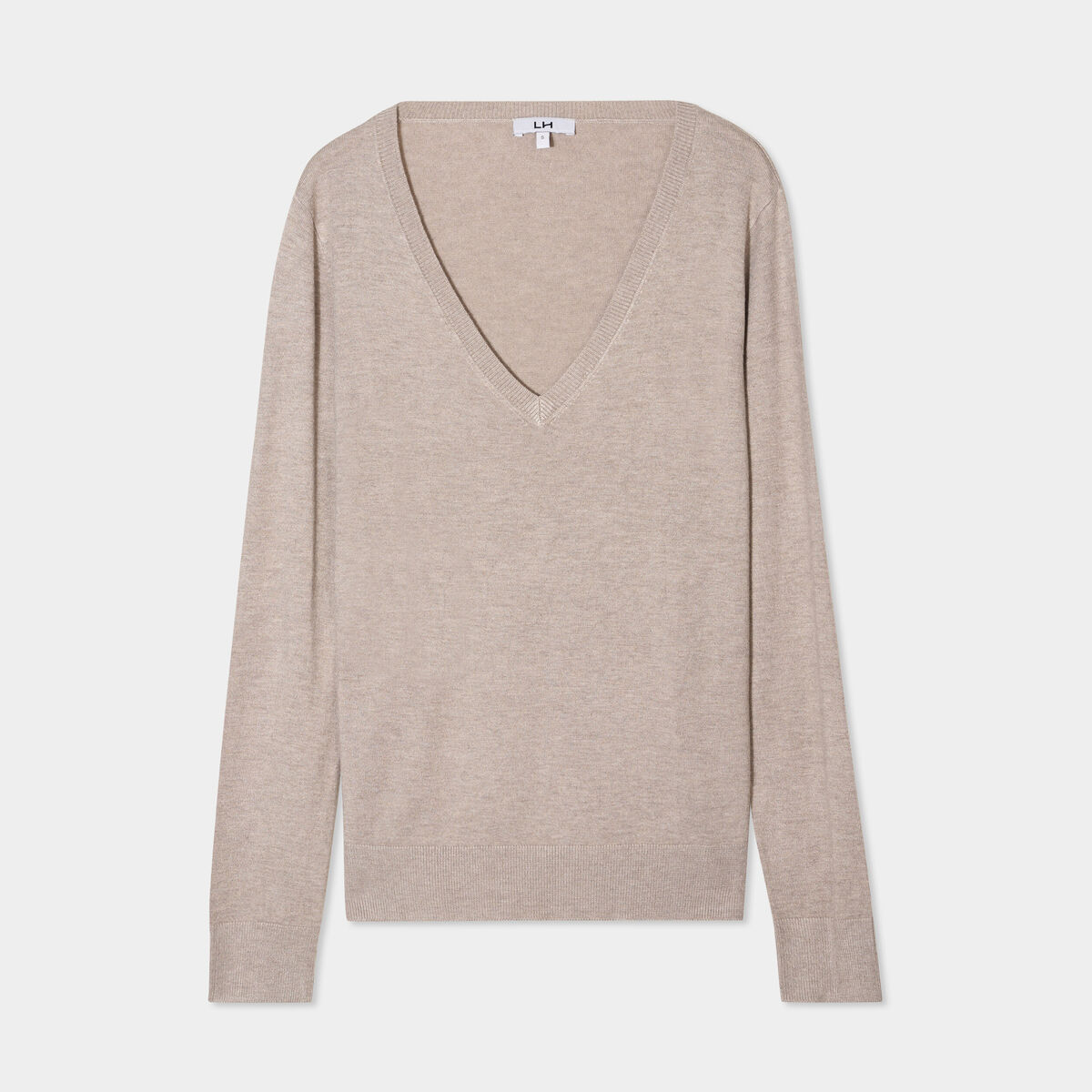 Pull col en V manches longues beige femme