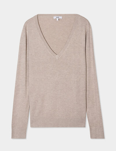 Pull col en V manches longues beige femme