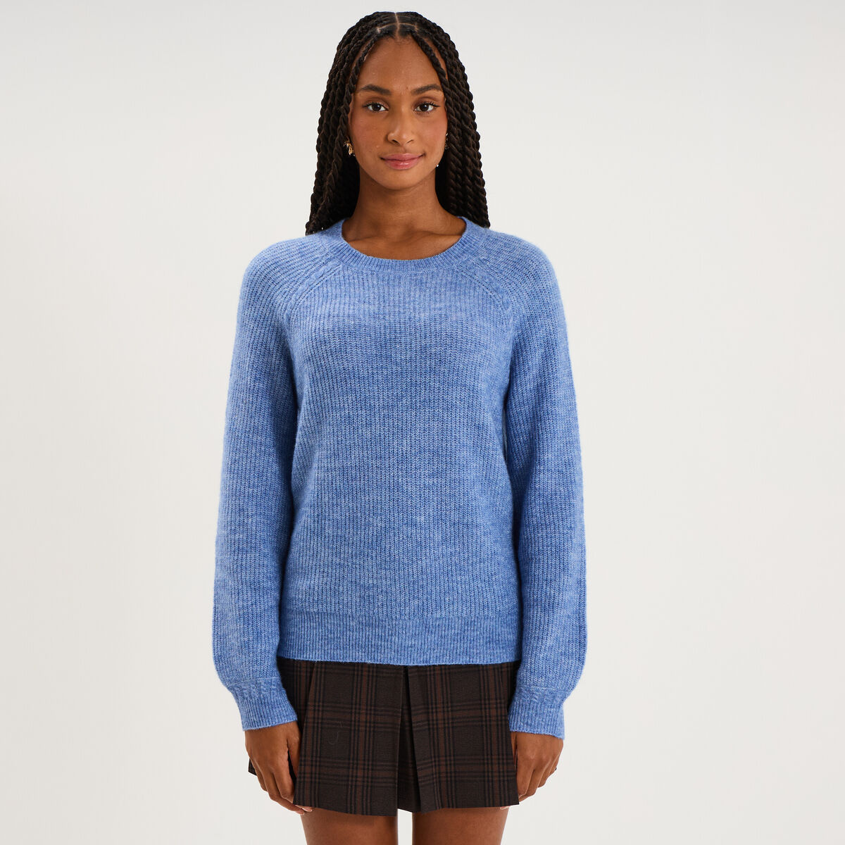 Pull col rond manches longues bleu ciel femme