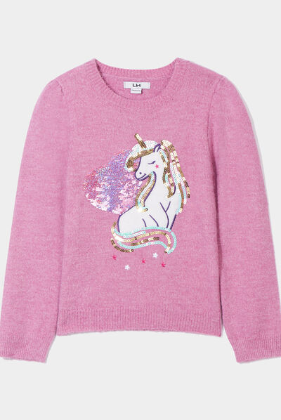 Pull droit col rond avec sequins violet fille