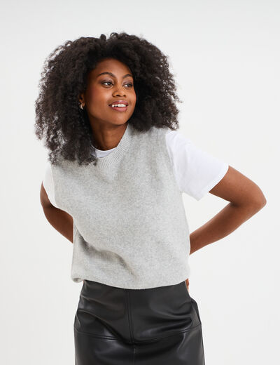 Pull sans manches col rond gris clair femme