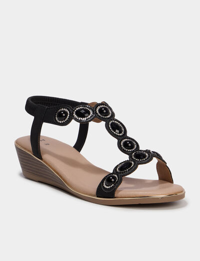 Sandales compens&eacute;es 5 cm d&eacute;tails bijoux noir femme