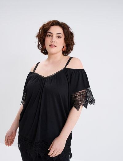 T-shirt col bardot avec dentelle noir femme grande taille