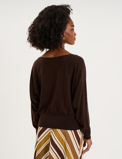 Pull encolure bateau manches longues marron fonc&eacute; femme