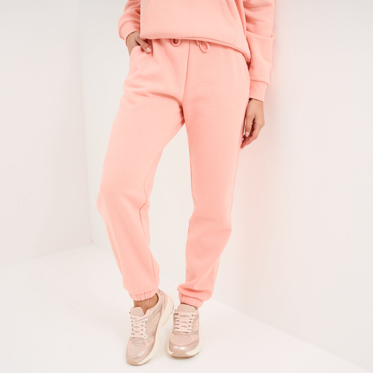 Pantalon jogging droit molleton rose poudr&eacute;e femme