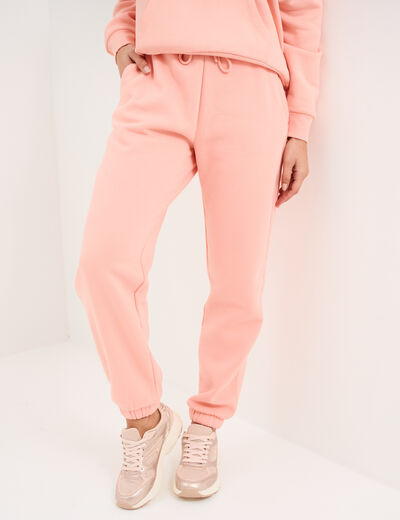 Pantalon jogging droit molleton rose poudr&eacute;e femme