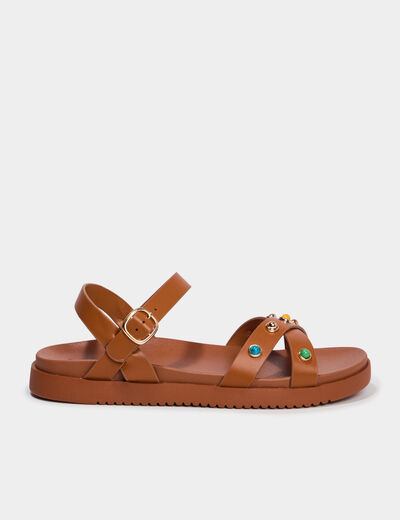 Sandales avec d&eacute;tails clout&eacute;s et perles marron femme