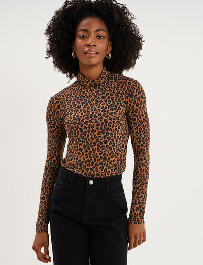 T-shirt col roul&eacute; manches longues camel femme