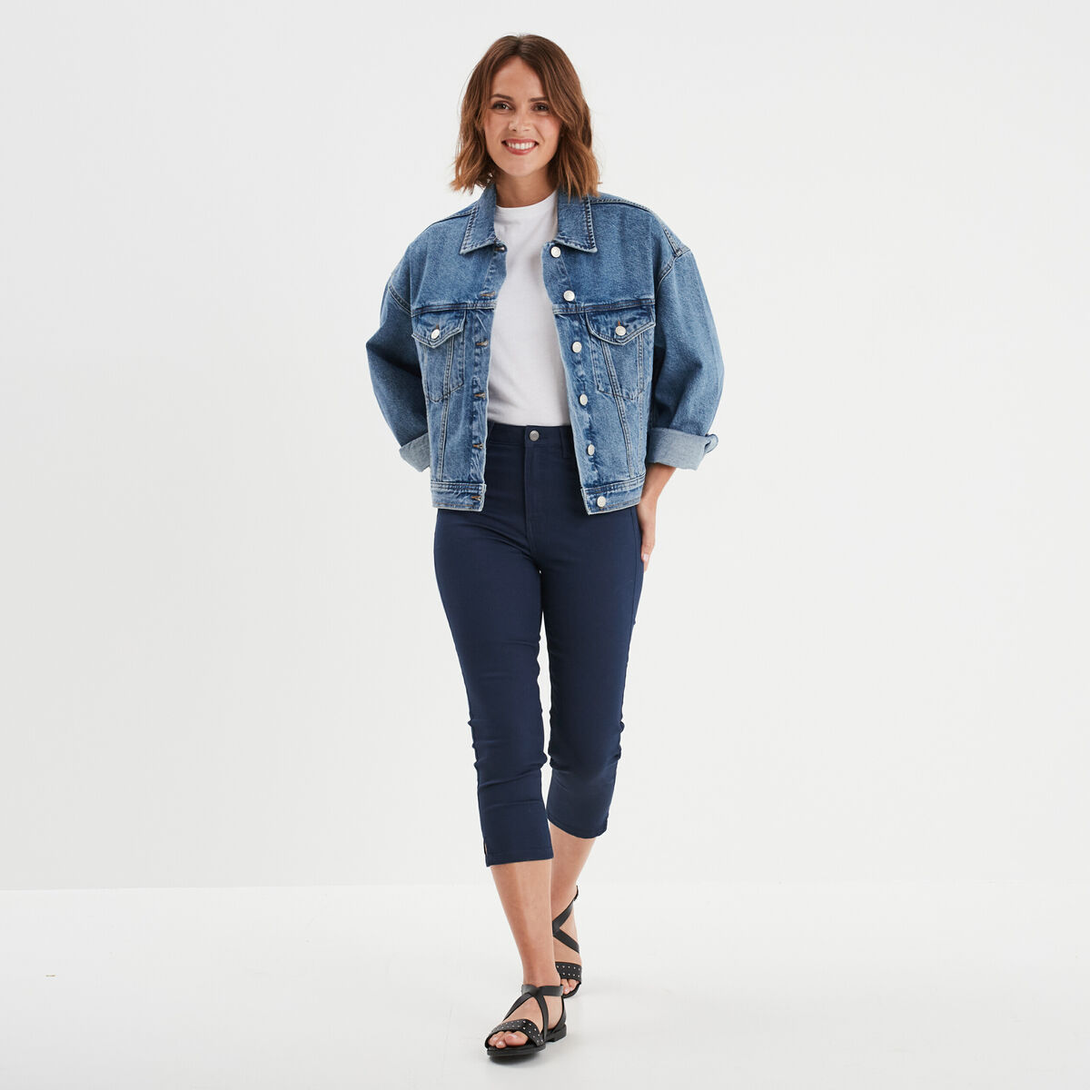 Pantacourt slim 5 poches bleu marine femme