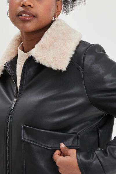 Veste simili cuir col aviateur noir femme