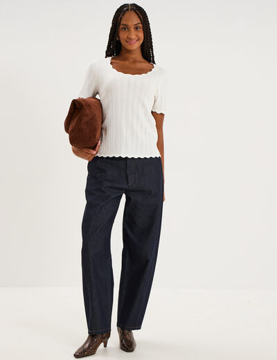 Pull ajour&eacute; col rond manches courtes blanc femme