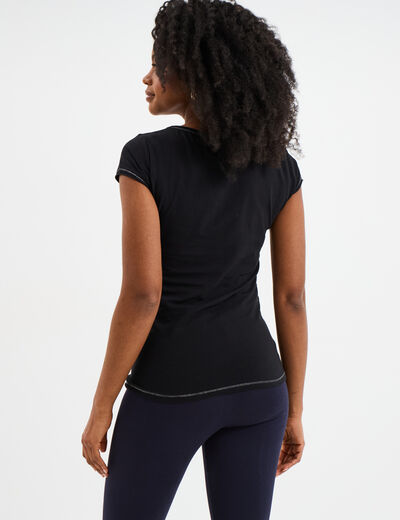 T-shirt col V ajusté manches courtes noir femme