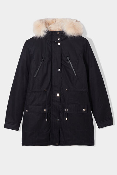 Parka cintrée à capuche fourrée noir femme