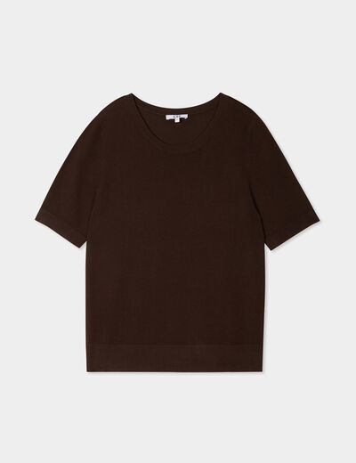 Pull manches courtes col rond marron foncé femme