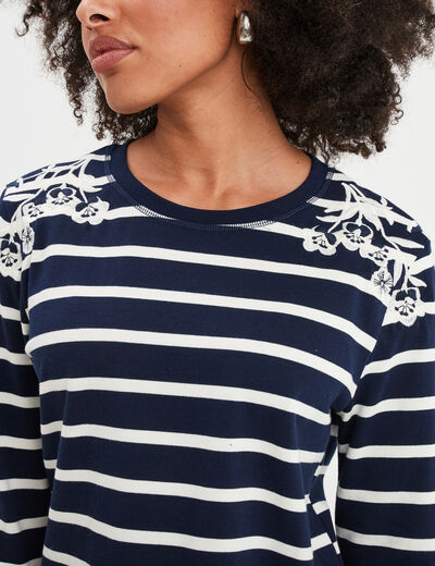 T-shirt manches longues avec broderie bleu marine femme