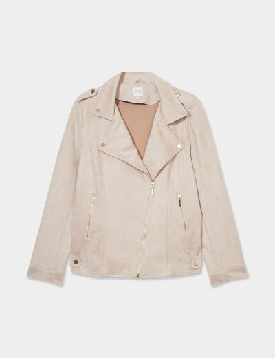 Blouson zippé effet suédine style biker beige femme grande taille