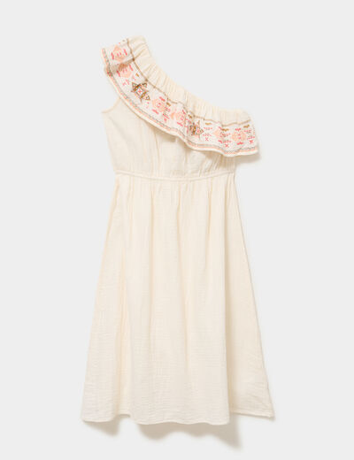 Robe asym&eacute;trique col brod&eacute; gaze de coton creme femme