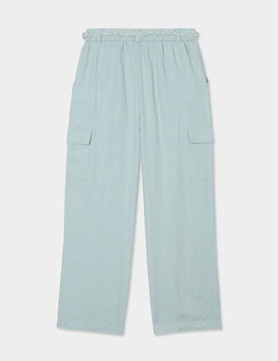 Pantalon large lin mélangé ceinturé vert pastel fille