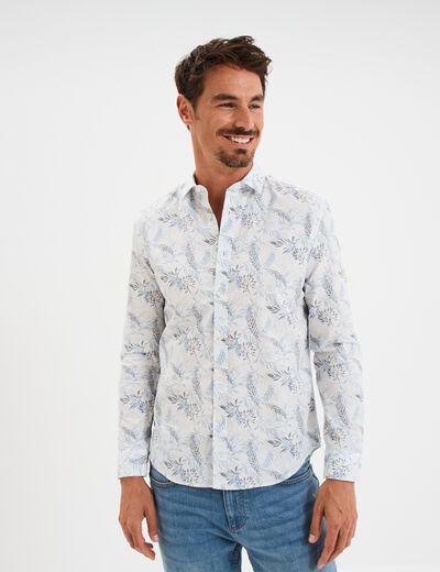 Chemise droite imprimée manches longues ecru homme