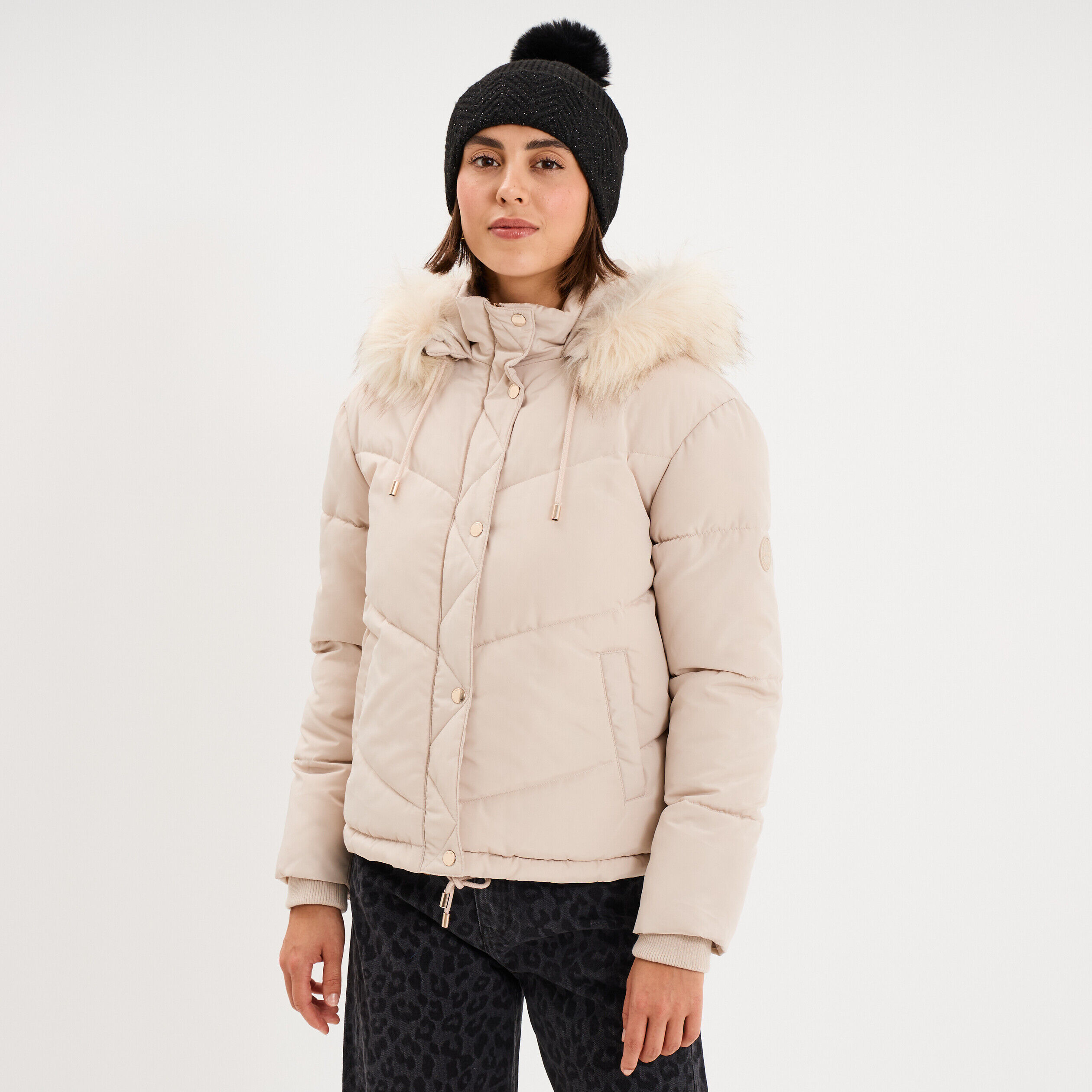 Doudoune doublée capuche fausse fourrure beige femme LIBERTO