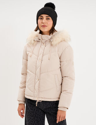 Doudoune doubl&eacute;e capuche fausse fourrure beige femme