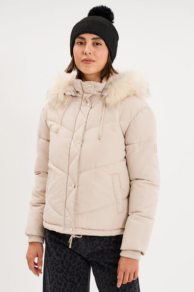 Doudoune doubl&eacute;e capuche fausse fourrure beige femme