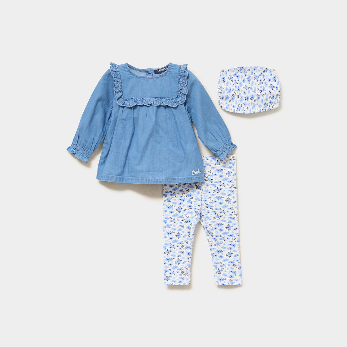 Ensemble coton 3 pi&egrave;ces blouse en jean ecru b&eacute;b&eacute; fille