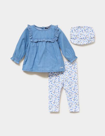 Ensemble coton 3 pi&egrave;ces blouse en jean ecru b&eacute;b&eacute; fille