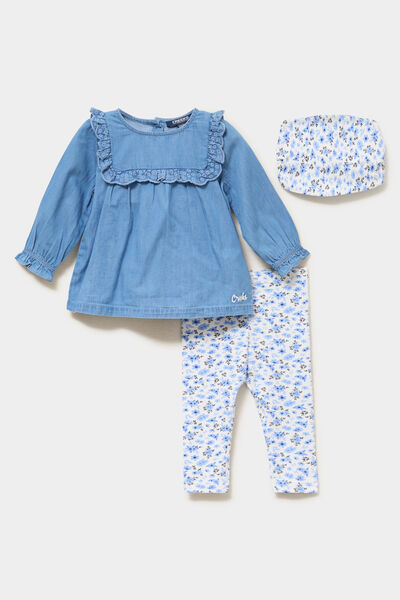 Ensemble coton 3 pi&egrave;ces blouse en jean ecru b&eacute;b&eacute; fille