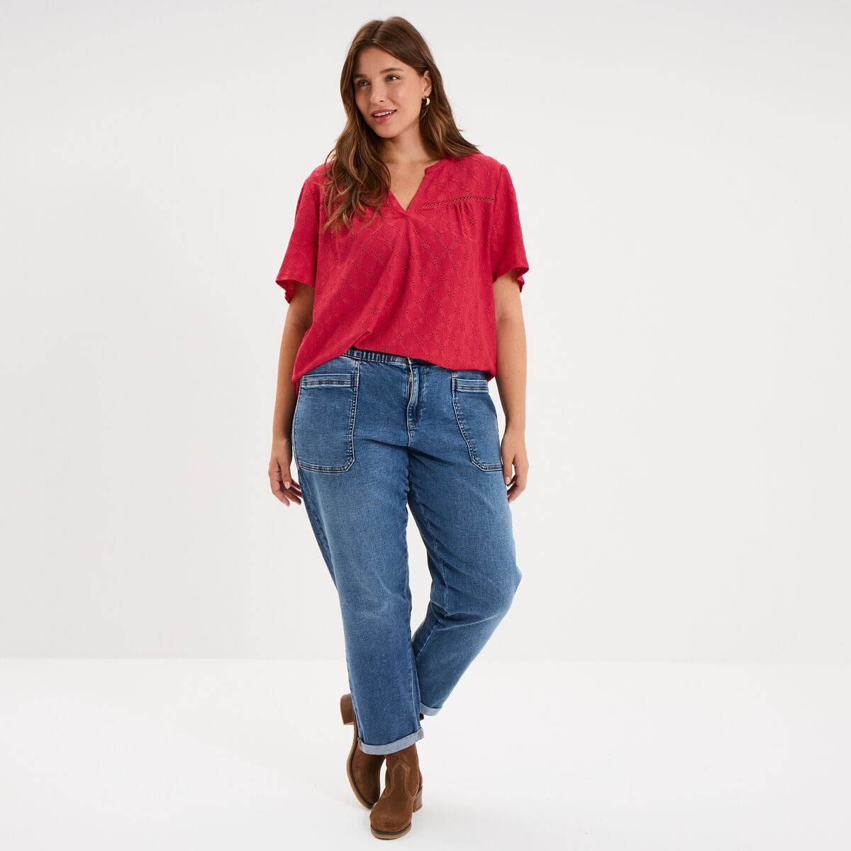 T-shirt broderie anglaise col tunisien rose cerise femme grande taille